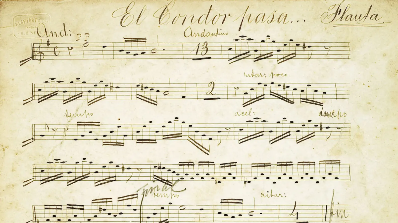 partitura de El cóndor pasa, escrita en 1913 por Daniel Alomía Robles.